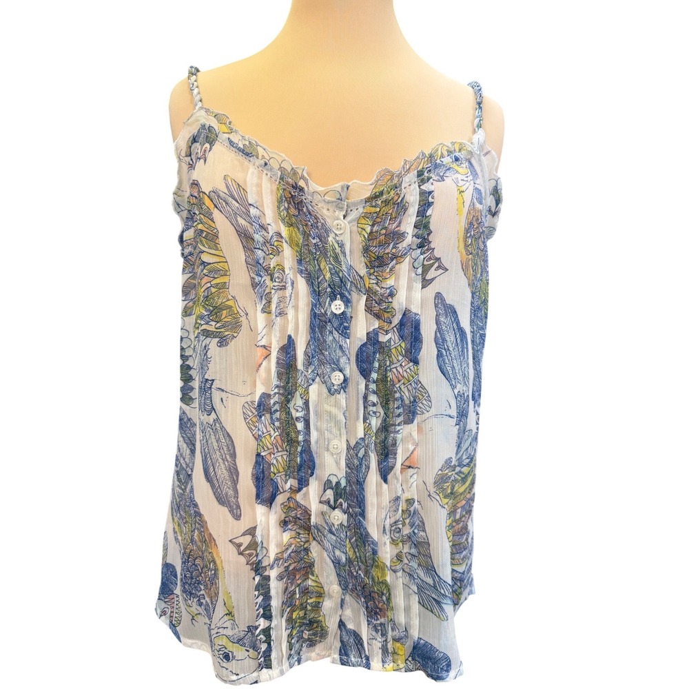 Quiksilver Camisole Women S White Blue‎ Yellow Bird Print Pintuck Boho Beach Top